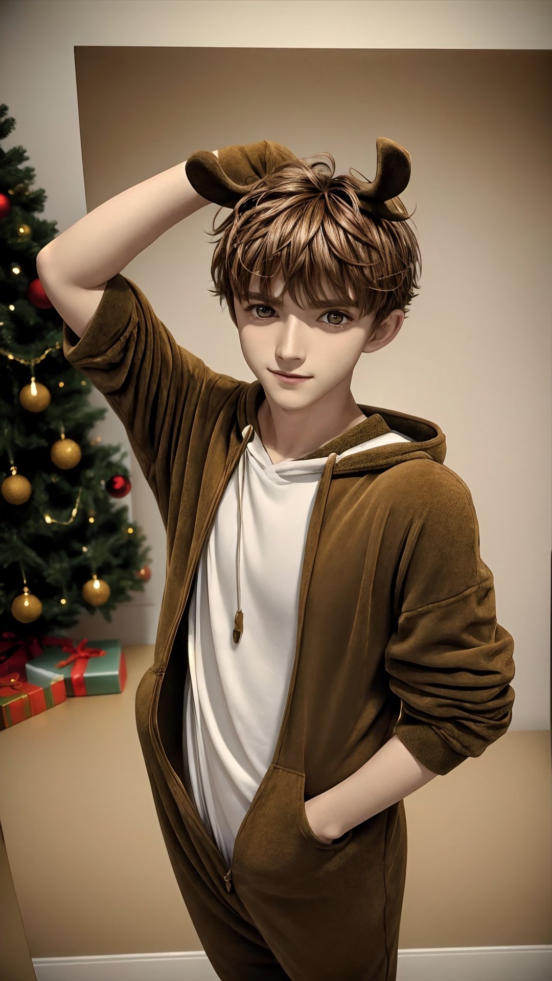 polaroid photo, 1boy, cute, 18 yo, handsome, ripped, full body, moose onesie costume, christmas tree, gift boxes. playful, joyful, foggy, magical, masterpiece, highly detailed, absurdres,  correct_anatomy,syaoran_tsubasa_chronicle,brown hair