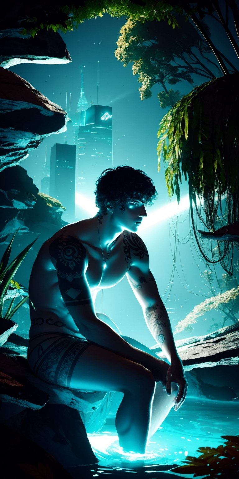   A young man with bioluminescent tattoos dives deep into the city's data network, searching for remnants of a mythical lost garden rumored to hold the key to healing the damaged ecosystem. (cinematic, hopeful, detailed,
,Detailedface,photorealistic,Realism,rugged_,Masterpiece