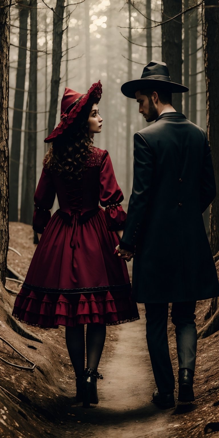 Two models, one in a red and one in a blue lolita dress, holding hands and following a trail of breadcrumbs through a dark forest, wary of a hidden witch. (Style: Suspenseful, Sibling Bond, Detailed)
,Masterpiece,glittering,photorealistic,lolimix