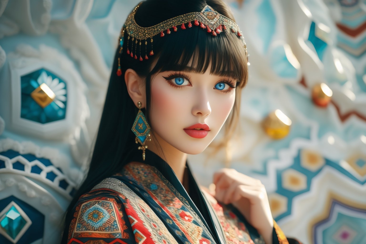 Super detailed, super realistic, beastly, cat face girl, She wears old folk costume, long straight black hair, Yakuts folk costume of Siberian minority, beautiful crystal blue eyes, almond eyes, intricate textile decorated with colorful and intricate geometric patterns, arm ornamentation, decorative embroidery. Beautiful crystal blue eyes, almond eyes, intricate fabrics decorated with colorful and intricate geometric patterns, arm decorations, decorative embroidery, catsuits, clothes in earth colors such as black, red and green,,aw0k euphoric style