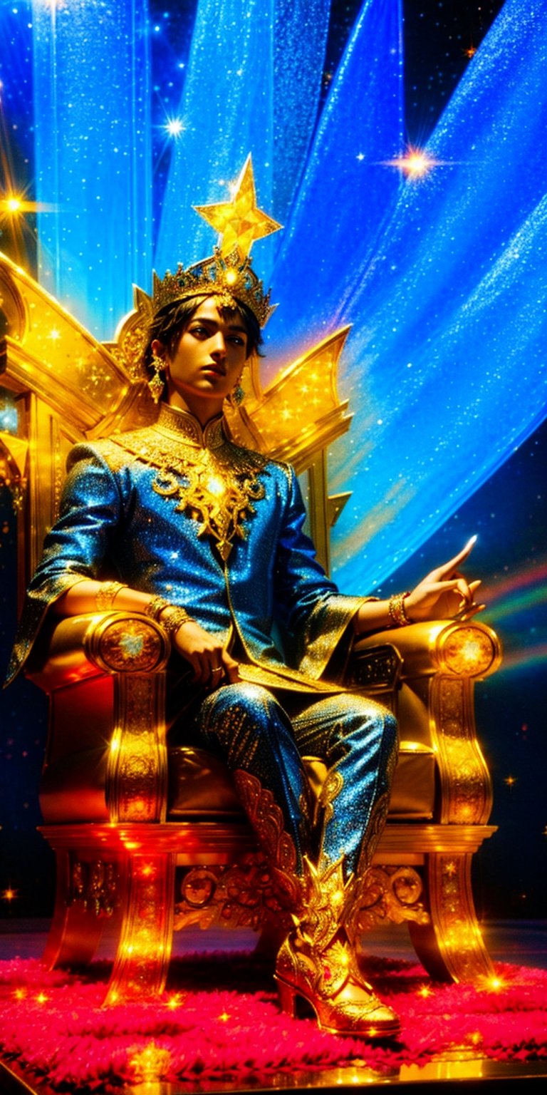  A lone ruler sits upon a holographic throne, adorned with glittering jewels and holographic flames, contemplating the fate of their neon kingdom. (cinematic, majestic, detailed, introspective)
,Detailedface,photorealistic,Realism,Masterpiece,glittering