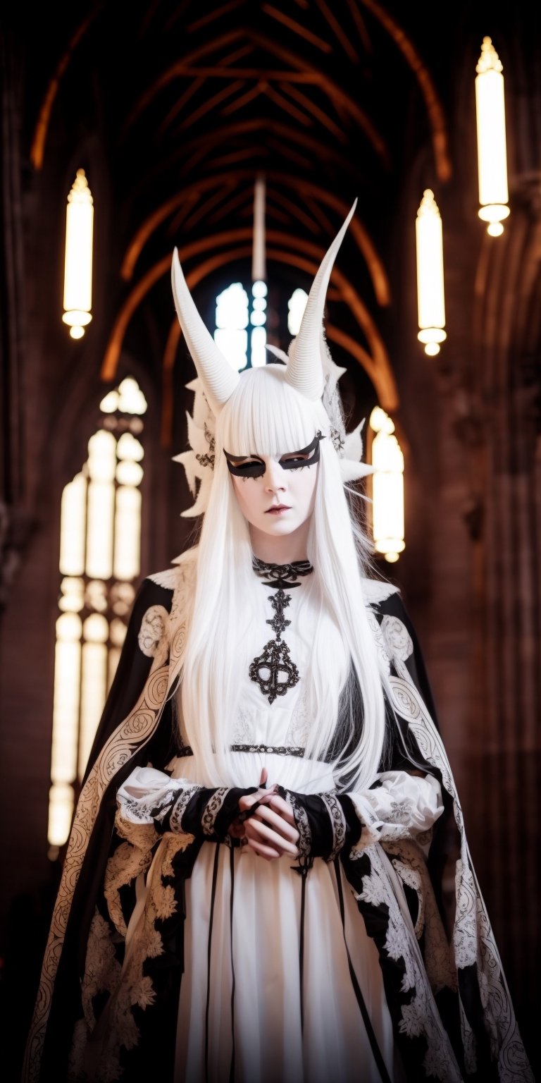albino demon little queen, (long intricate horns), a sister clad in gothic punk attire, her face concealed behind a striking masquerade mask. She exudes an air of mystery and allure as she moves gracefully through the dimly lit corridors of the cathedraragon-themed,white_aesthetics,photorealistic,Masterpiece