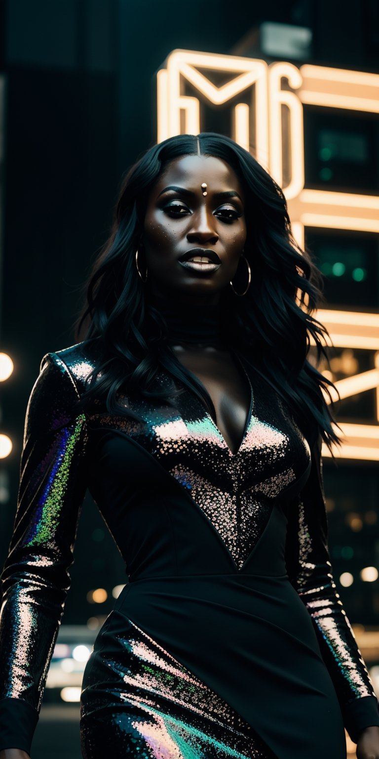  A lone woman with ebony hair flowing like night, adorned in a sleek black dress tailored from raven feathers, stands defiant beneath a neon-lit cityscape, a holographic storm brewing above, mirroring the rage in her eyes. (cinematic, powerful, detailed, mythological)
,Detailedface,photorealistic,Realism,Masterpiece,dark_myth