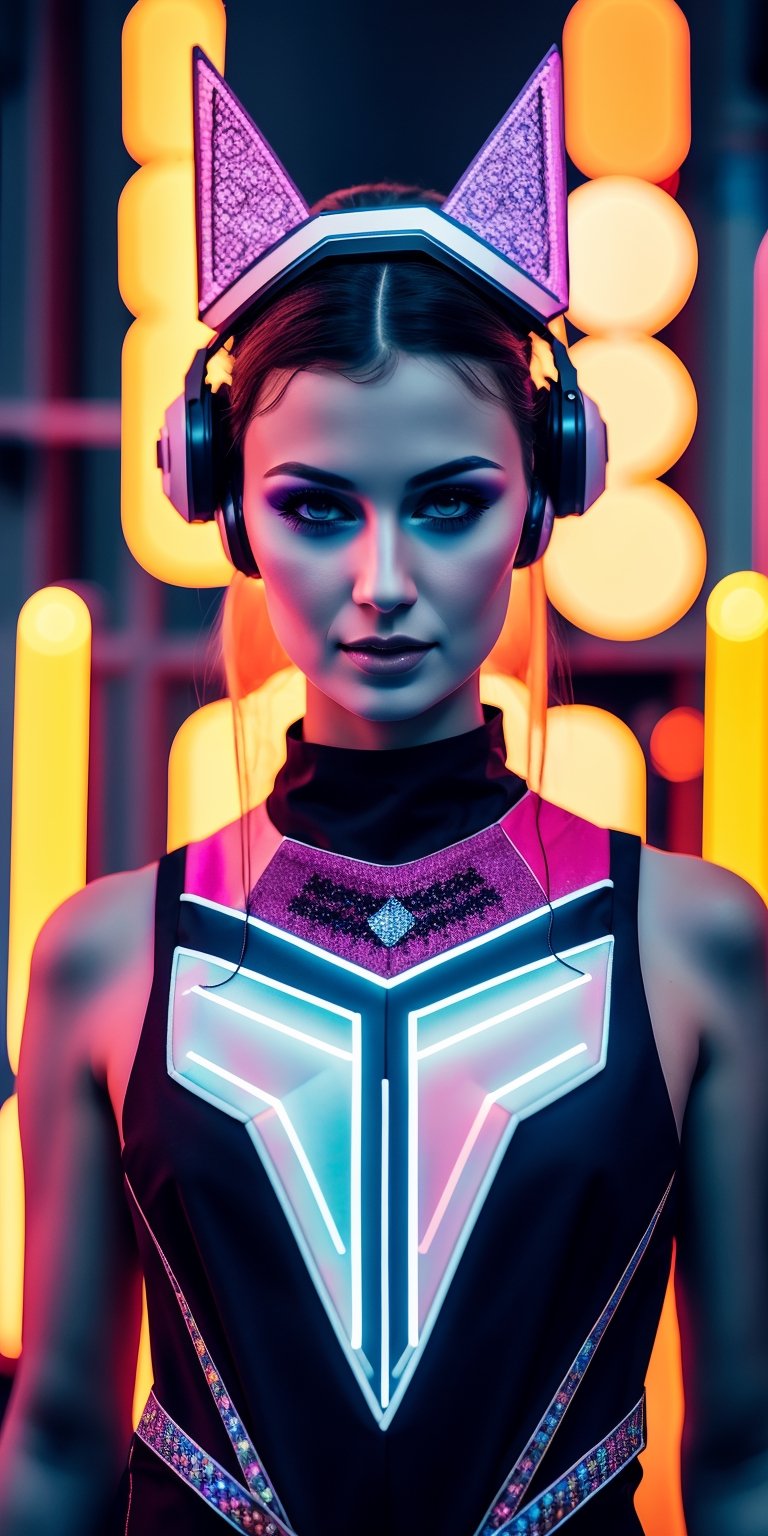 1girl,(Nordic girl), Kazakhstan's cyberpunk-inspired traditional wedding attire, sleek colorful fabrics replace traditional textiles, with intricate circuitry patterns adorning the garments. The bride's gown angular lines reminiscent of futuristic armor, embellished with holographic accents and LED lights,such as illuminated accessories and augmented reality displays embedded in his headgear,cYbeR