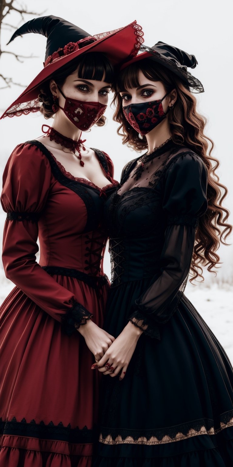 Two models, one in a red and one in a blue lolita dress, holding hands and following a trail of bloodstained breadcrumbs. Their smiles mask a growing horror, as they realize the witch's true intentions. (Style: Dark Fantasy, Suspense, Detailed),lolimix