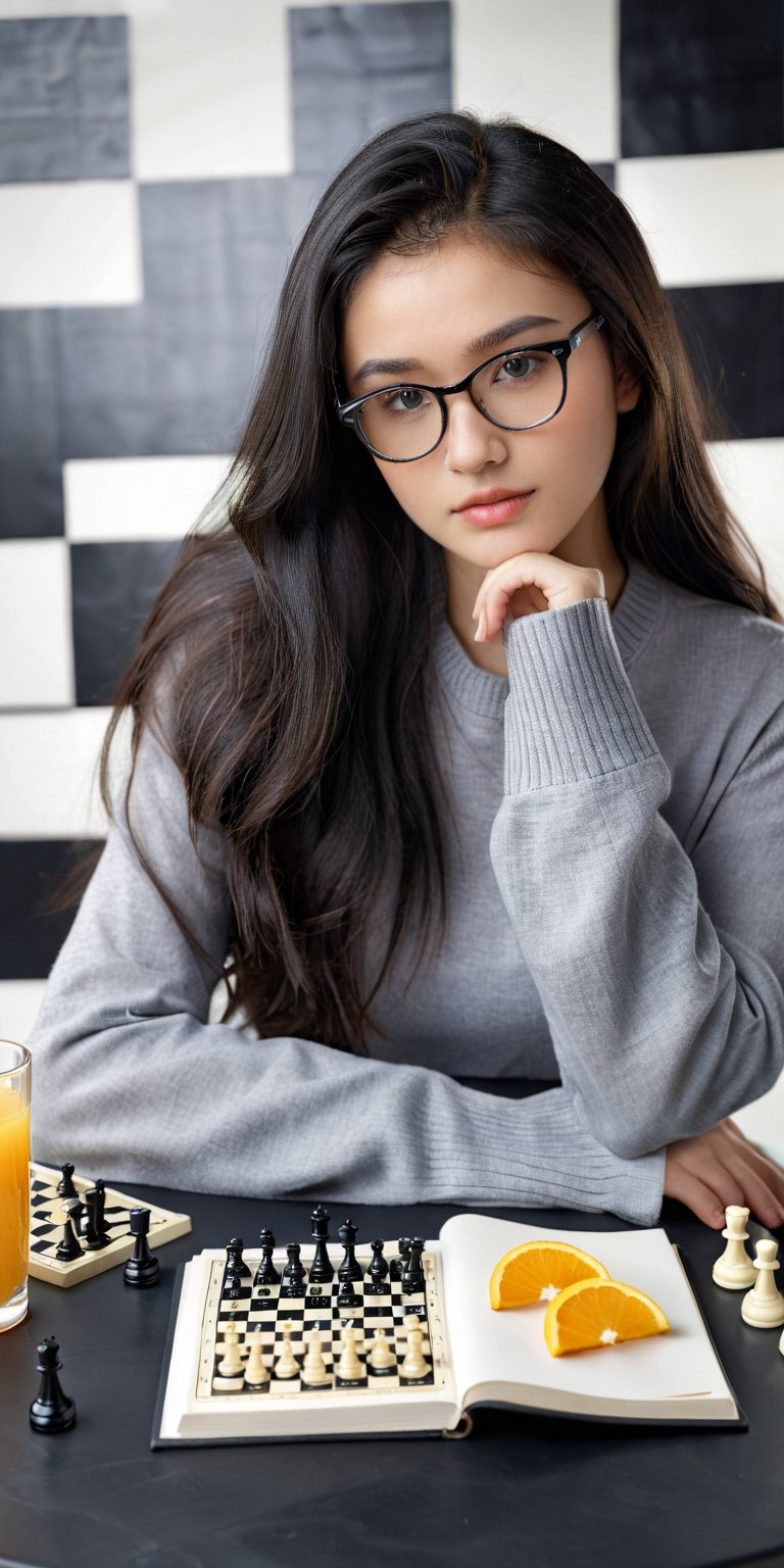 professional studio photograph, highly detailed, hyper realistic, masterpiece, 1girl, 19yo, long black hair, straighten hair, bangless, round glasses, wearing preppy long sleeve shirts, sitting at a table, a chess board, chess pieces, a glass of orange juice, a stack of notebooks, dutch angle, soft focus, cinematic lighting, Masterpiece,Enhanced Reality, side view