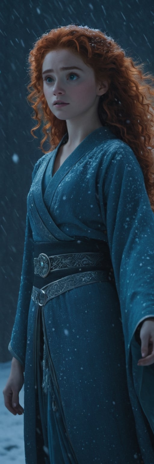 professional photo, full body, nighttime, 1girl, realistic Merida from disney's "Brave \(2012\)", wearing intricate light blue themed kimono adorned with silver accessories, under the falling snow, soft focus, cinematic. 1980s easthetic, (1980s video), hyper realistic, ultra detailed, impressive, aesthetic, cinematic lighting,Movie Still,photo r3al