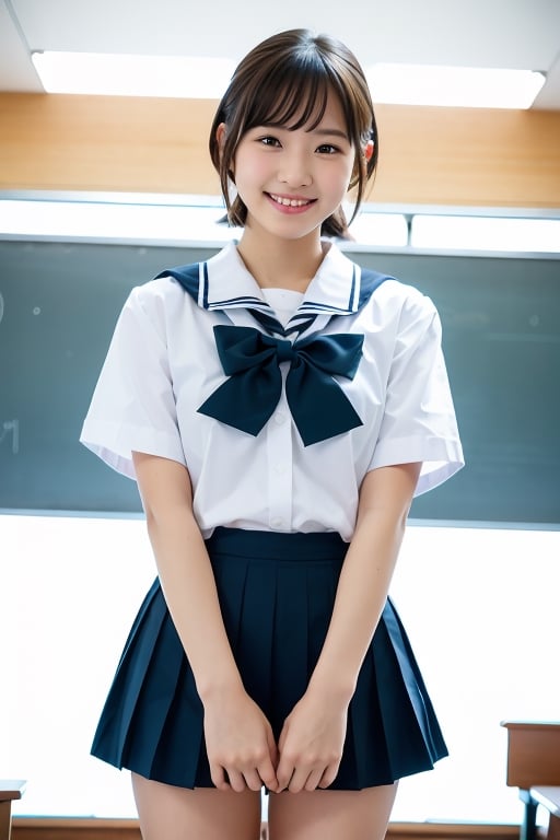 girl standing in school classroom,sailor shirt,micro mini skirt,through white panty,18-year-old,bangs,a little smiles,thighs,crotch,knees,short cut hair,ponytail,from below,acjc