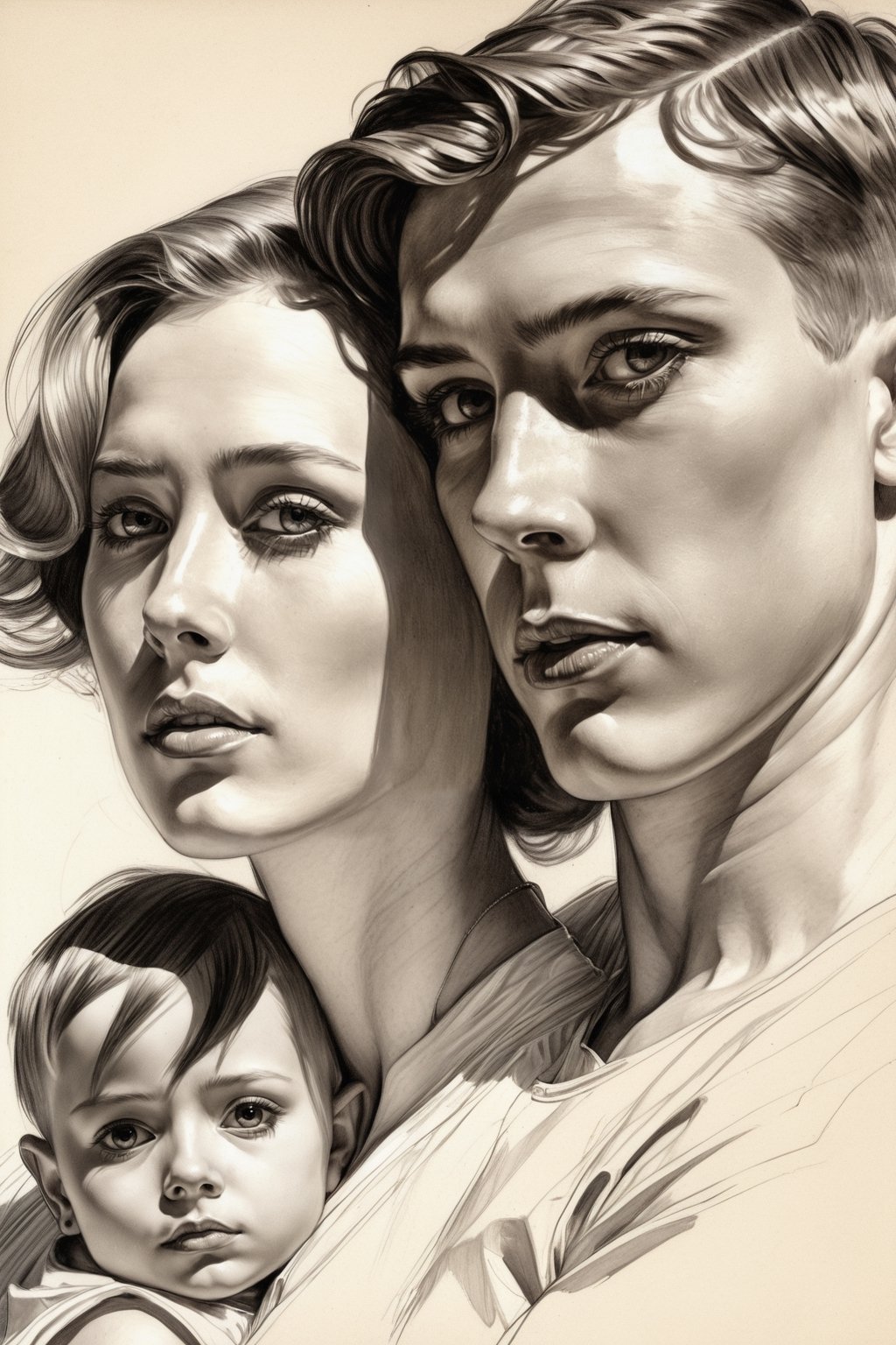 masterpiece, best quality, super sharp, dream wave, unfinished drawing, shadow aesthetics, portrait: 1 wife and 1 husband and their 1 child, eyes looking at the viewer, sketch, line drawing, pencil shading, stroke, modern haircuts, expensive and cool portrait of  Joseph Christian Leyendecker in artstyle,  a stunning masterpiece by Nikolai Fechin