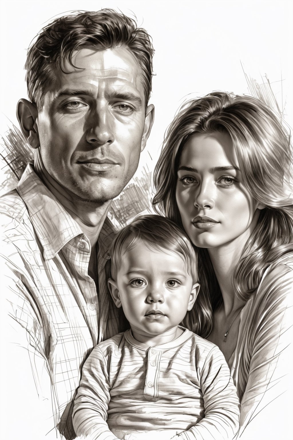 masterpiece, best quality, dreamwave, aesthetic, 1wife and 1husband and their 1child, eyes looking at the viewer, sketch, lineart, shading,  portrait by Charles Miano, Style by Nikolay Feshin