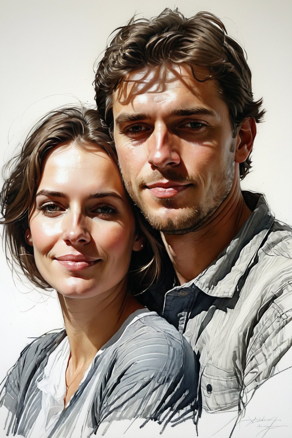 Masterpiece, best quality, dreamwave, aesthetic, portrait: 1 wife, 1 husband 26 years old and 1boy- chield 2 years old, open look, (looking into the eyes), smiling charmingly, short brown hair, sketch, lineart, pencil, white background, portrait by Alexanov, Style by Nikolay Feshin, artistic oil painting stick,charcoal \(medium\),