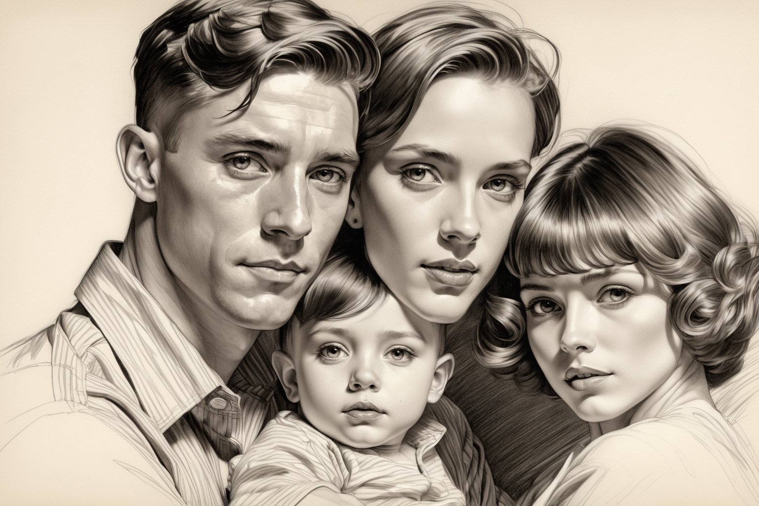 masterpiece, best quality, super sharp, dream wave, unfinished drawing, shadow aesthetics, portrait: 1 wife and 1 husband and their 1 child, eyes looking at the viewer, sketch, line drawing, pencil shading, stroke, modern haircuts, expensive and cool portrait of  Joseph Christian Leyendecker in artstyle,  a stunning masterpiece by Nikolai Fechin