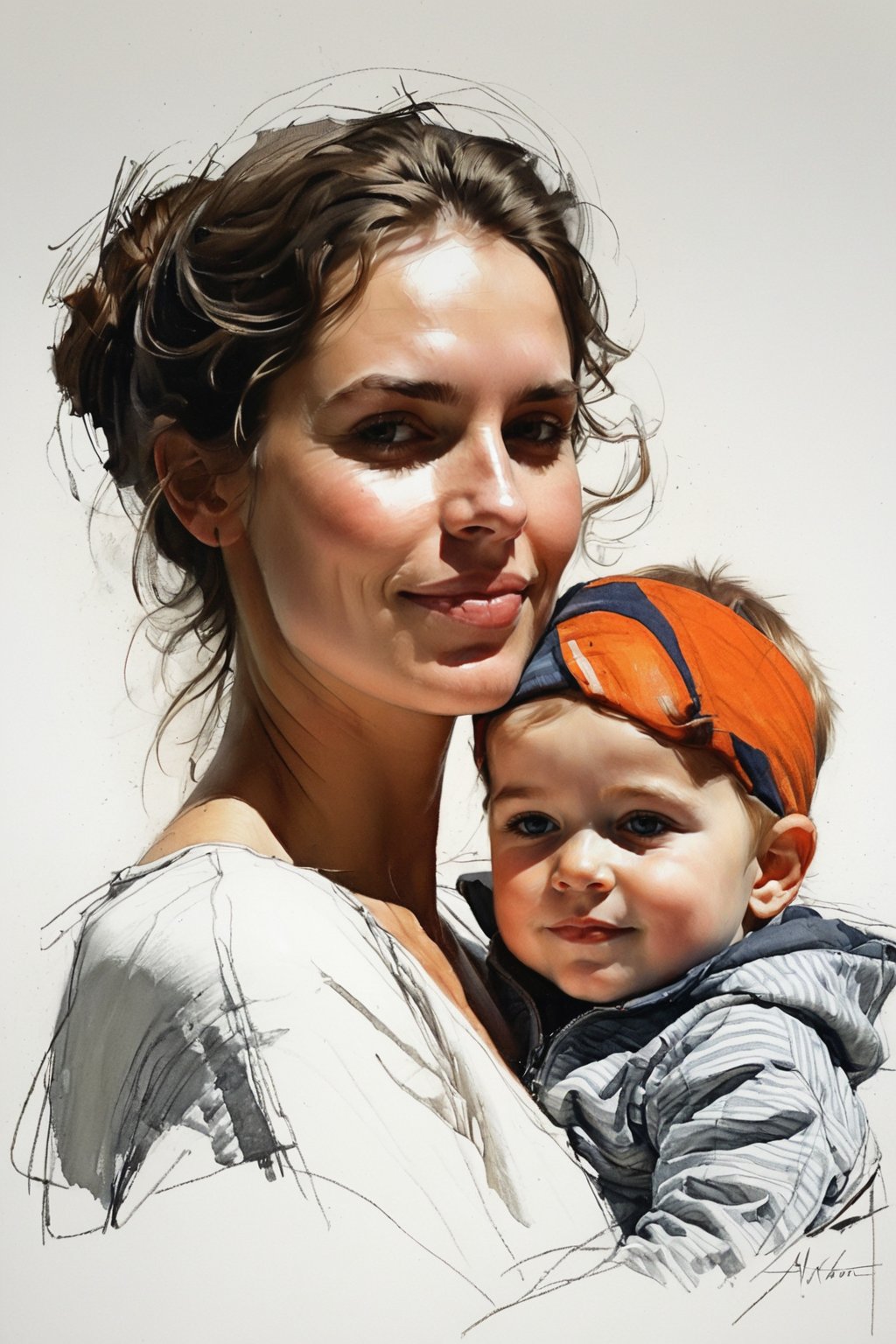 Masterpiece, best quality, dreamwave, aesthetic, portrait: 1 wife, 1 husband 26 years old and 1boy- chield 2 years old, open look, (looking into the eyes), smiling charmingly, short brown hair, sketch, lineart, pencil, white background, portrait by Alexanov, Style by Nikolay Feshin, artistic oil painting stick,charcoal \(medium\),