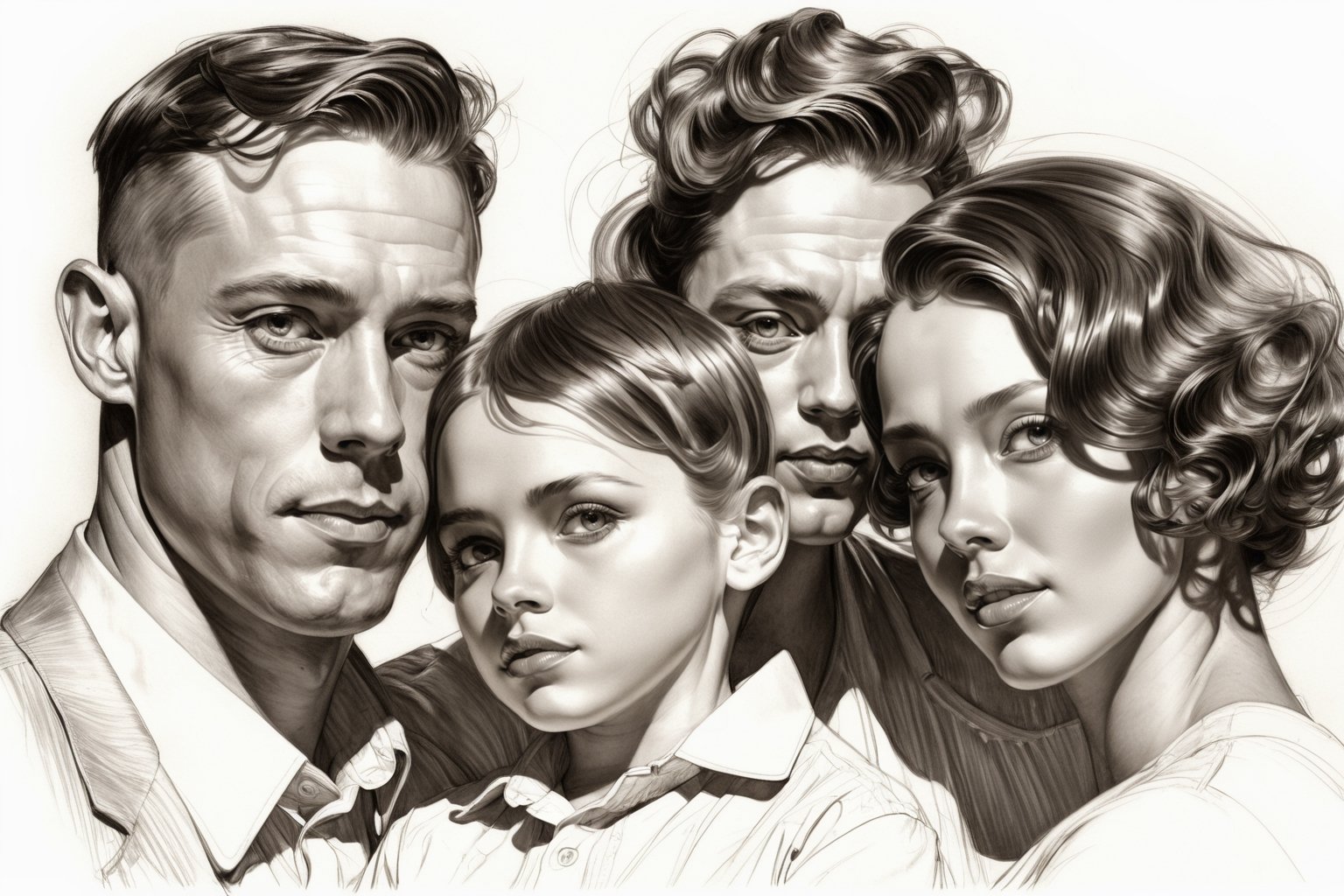 masterpiece, best quality, super sharp, dream wave, unfinished drawing, shadow aesthetics, portrait: 1 wife and 1 husband and their 1 child, eyes looking at the viewer, sketch, line drawing, pencil shading, stroke, modern haircuts, expensive and cool portrait of Nikolai Fechin and Joseph Christian Leyendecker