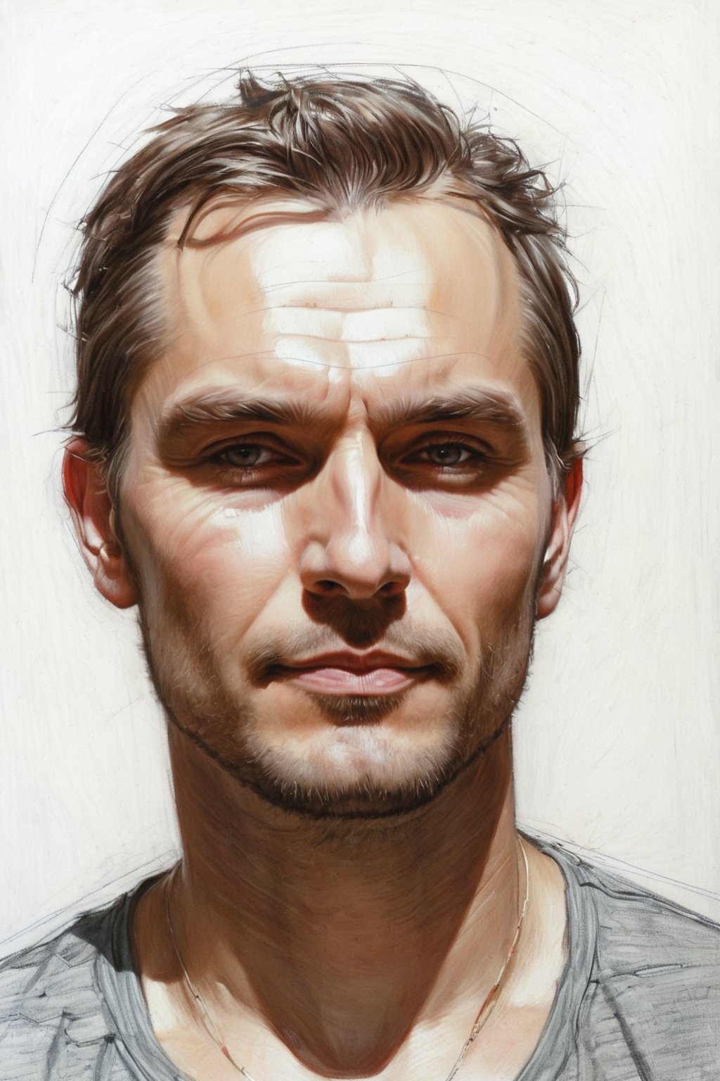 Masterpiece, best quality, dreamwave, aesthetic, 1 man, russian actor Alexandr Petrov, open look (looks into the eyes), charmingly sexy smile, free sheet field, sketch, ruler, pencil, white background, portrait of Nikolai Aleksanov, Nikolai Feshin style, oil painting, charcoal \ (medium \),