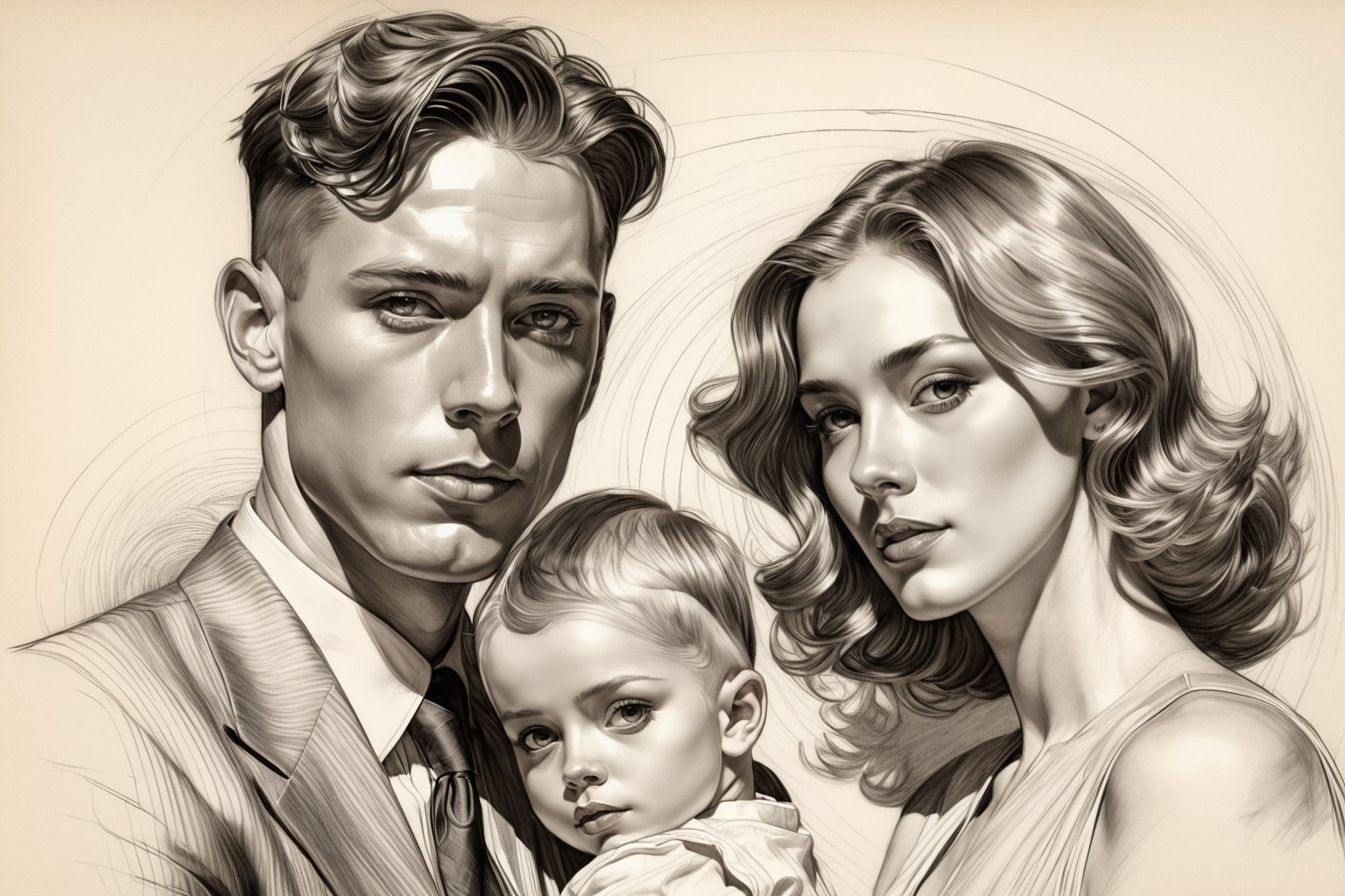 masterpiece, best quality, super sharp, dream wave, unfinished drawing, shadow aesthetics, portrait: 1 wife and 1 husband and their 1 child, eyes looking at the viewer, sketch, line drawing, pencil shading, stroke, modern haircuts, expensive and cool portrait of Nikolai Fechin in artstyle,  a stunning Joseph Christian Leyendecker