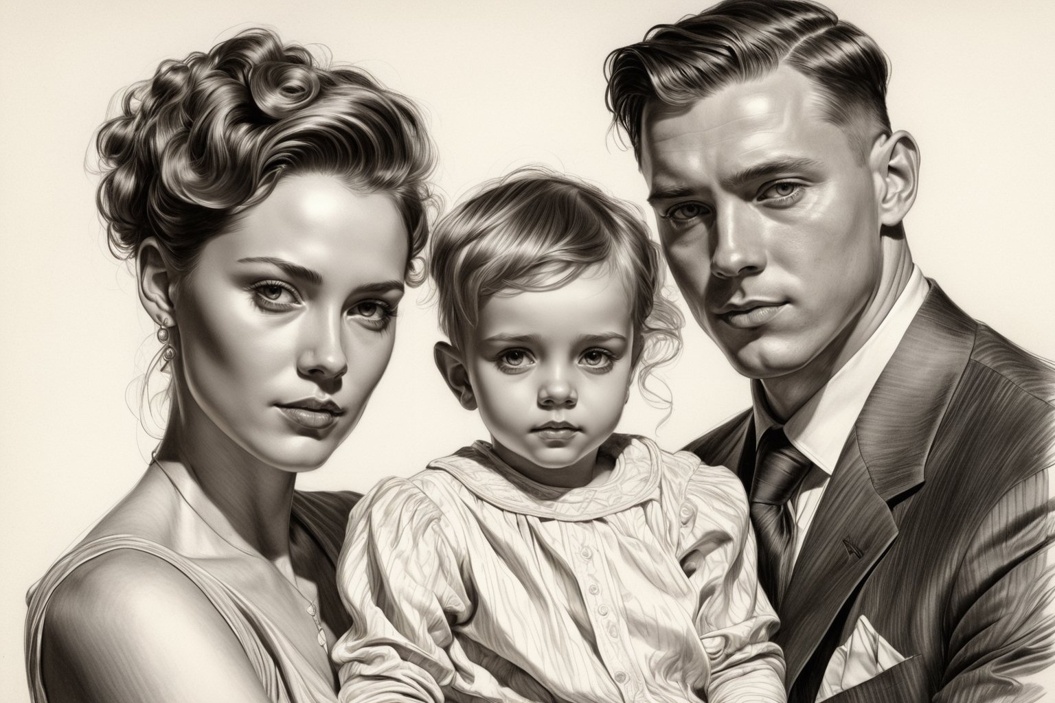 masterpiece, best quality, super sharp, dream wave, unfinished drawing, shadow aesthetics, portrait: 1 wife and 1 husband and their 1 child, eyes looking at the viewer, sketch, line drawing, pencil shading, stroke, modern haircuts, expensive and cool portrait of ((Nikolai Fechin)) and Joseph Christian Leyendecker