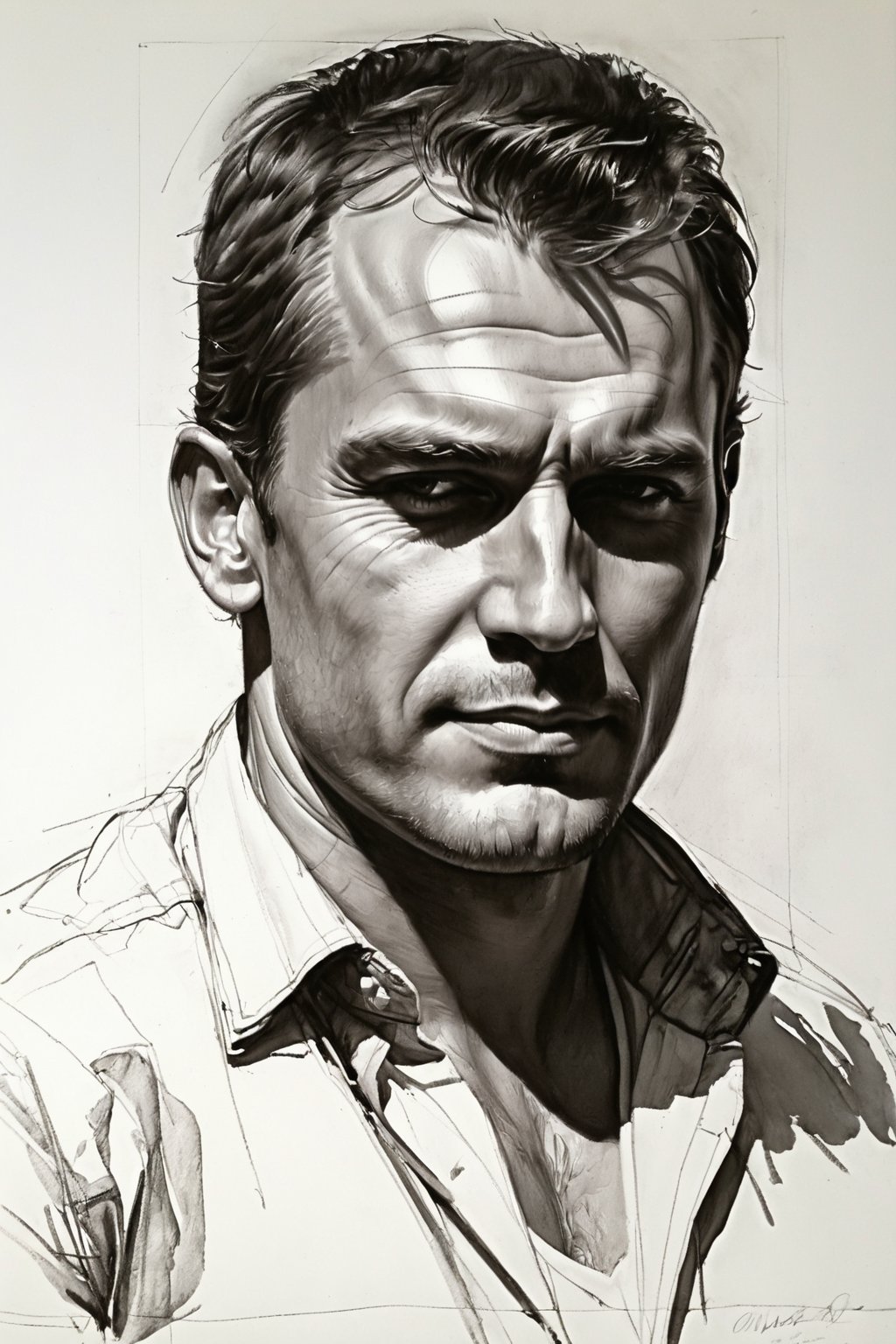 Masterpiece, best quality, dreamwave, aesthetic, 1 man, russian actor Alexandr Petrov, open look (looks into the eyes), charmingly sexy smile, free sheet field, sketch, ruler, pencil, white background, portrait of Nikolai Aleksanov, Nikolai Feshin style, oil painting, charcoal \ (medium \),