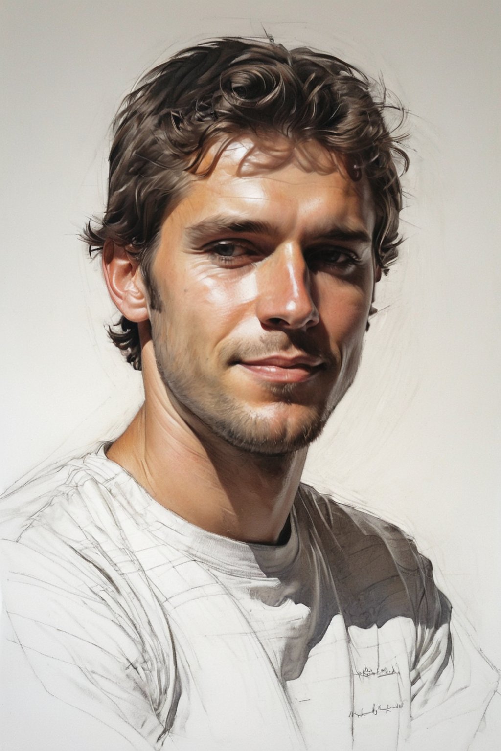 Masterpiece, best quality, dreamwave, aesthetic, portrait: 1 husband 29 years old and 1boy- chield 2 years old, open look, (looking into the eyes), t-shirt, smiling charmingly, short brown hair, sketch, lineart, pencil, white background, portrait by Alexanov, Style by Nikolay Feshin, artistic oil painting stick,charcoal \(medium\),