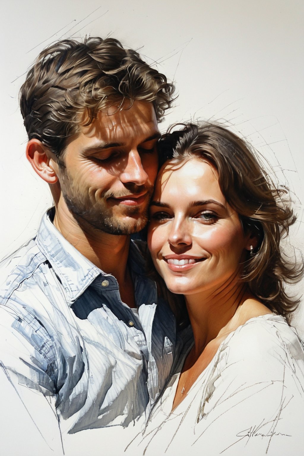 Masterpiece, best quality, dreamwave, aesthetic, portrait: 1 wife, 1 husband 26 years old and 1boy- chield 2 years old, open look, (looking into the eyes), smiling charmingly, short brown hair, sketch, lineart, pencil, white background, portrait by Alexanov, Style by Nikolay Feshin, artistic oil painting stick,charcoal \(medium\),