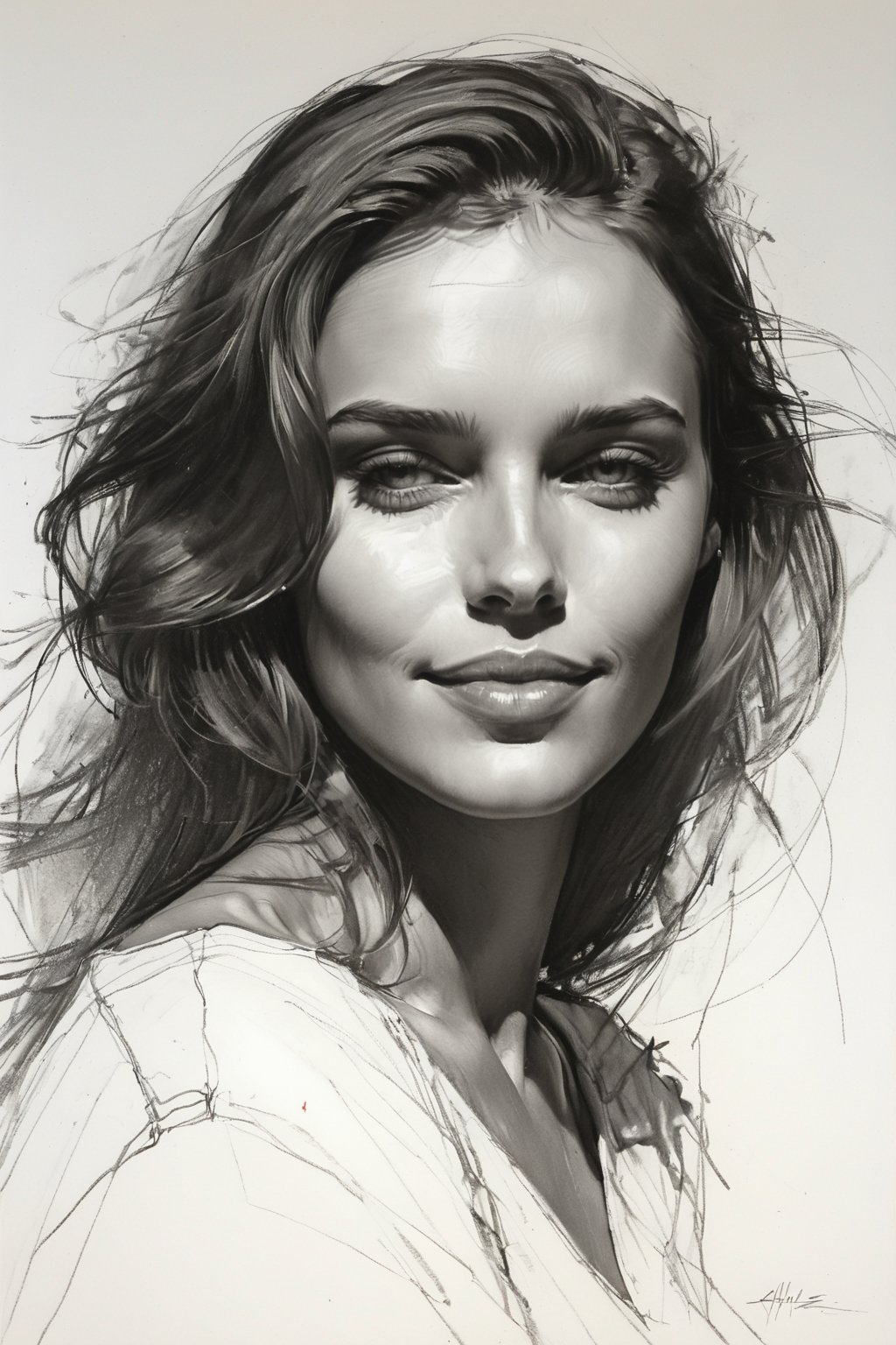 Masterpiece, best quality, dreamwave, aesthetic, 1woman, open look, (looking into the eyes), smiling charmingly sexy, free field of sheet, sketch, lineart, pencil, white background, portrait by Alizee, Style by Nikolay Feshin, artistic oil painting stick,charcoal \(medium\),