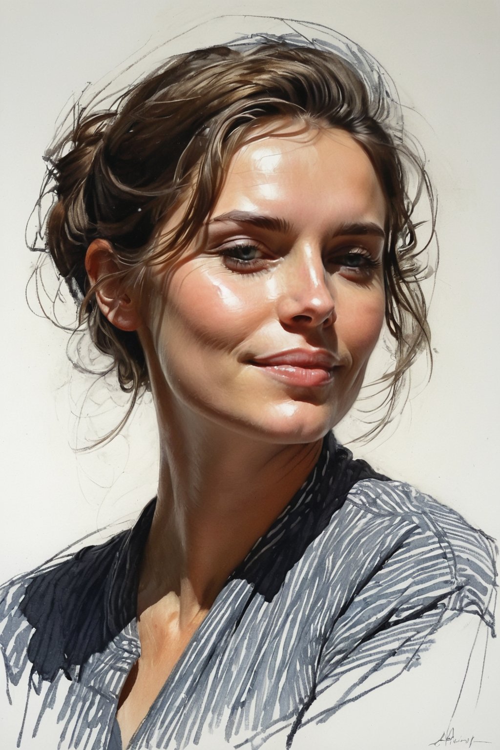 Masterpiece, best quality, dreamwave, aesthetic, portrait: 1 wife, 1 husband 26 years old and 1boy- chield 2 years old, open look, (looking into the eyes), smiling charmingly, short brown hair, sketch, lineart, pencil, white background, portrait by Alexanov, Style by Nikolay Feshin, artistic oil painting stick,charcoal \(medium\),