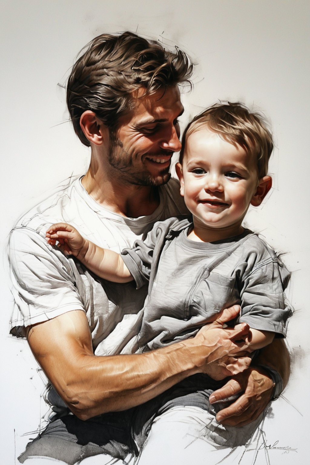 Masterpiece, best quality, dreamwave, aesthetic, portrait: 1 husband 29 years old and 1boy- chield 2 years old, open look, (looking into the eyes), t-shirt, smiling charmingly, short brown hair, sketch, lineart, pencil, white background, portrait by Alexanov, Style by Nikolay Feshin, artistic oil painting stick,charcoal \(medium\),