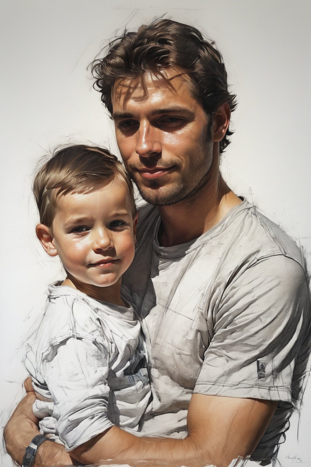 Masterpiece, best quality, dreamwave, aesthetic, portrait: 1 husband 29 years old and 1boy- chield 2 years old, open look, (looking into the eyes), t-shirt, smiling charmingly, short brown hair, sketch, lineart, pencil, white background, portrait by Alexanov, Style by Nikolay Feshin, artistic oil painting stick,charcoal \(medium\),