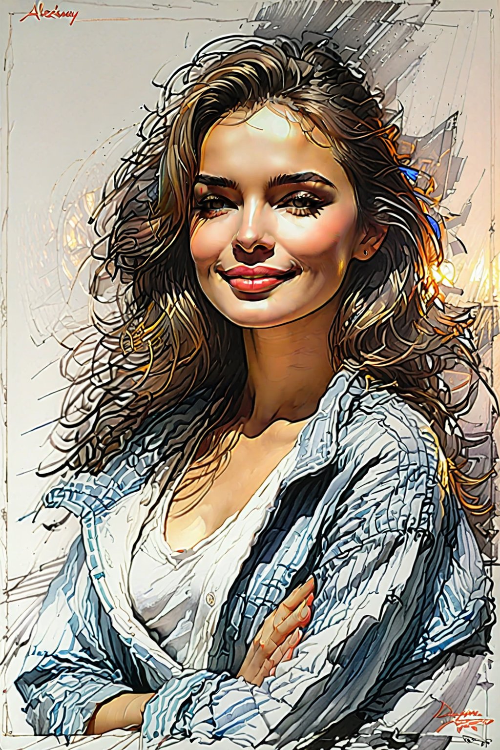 Create a portrait Masterpiece, best quality, dreamwave, aesthetic, 1woman  35 years old, open look, (looking into the eyes), smiling sexy, bathed in the warm glow of stage lights, with subtle hints of emotion and passion reflecting in their expression, free field of sheet, white background, sketch, lineart, pencil, white background, portrait by Alexanov, Style by Nikolay Feshin, artistic oil painting stick,charcoal \(medium\),