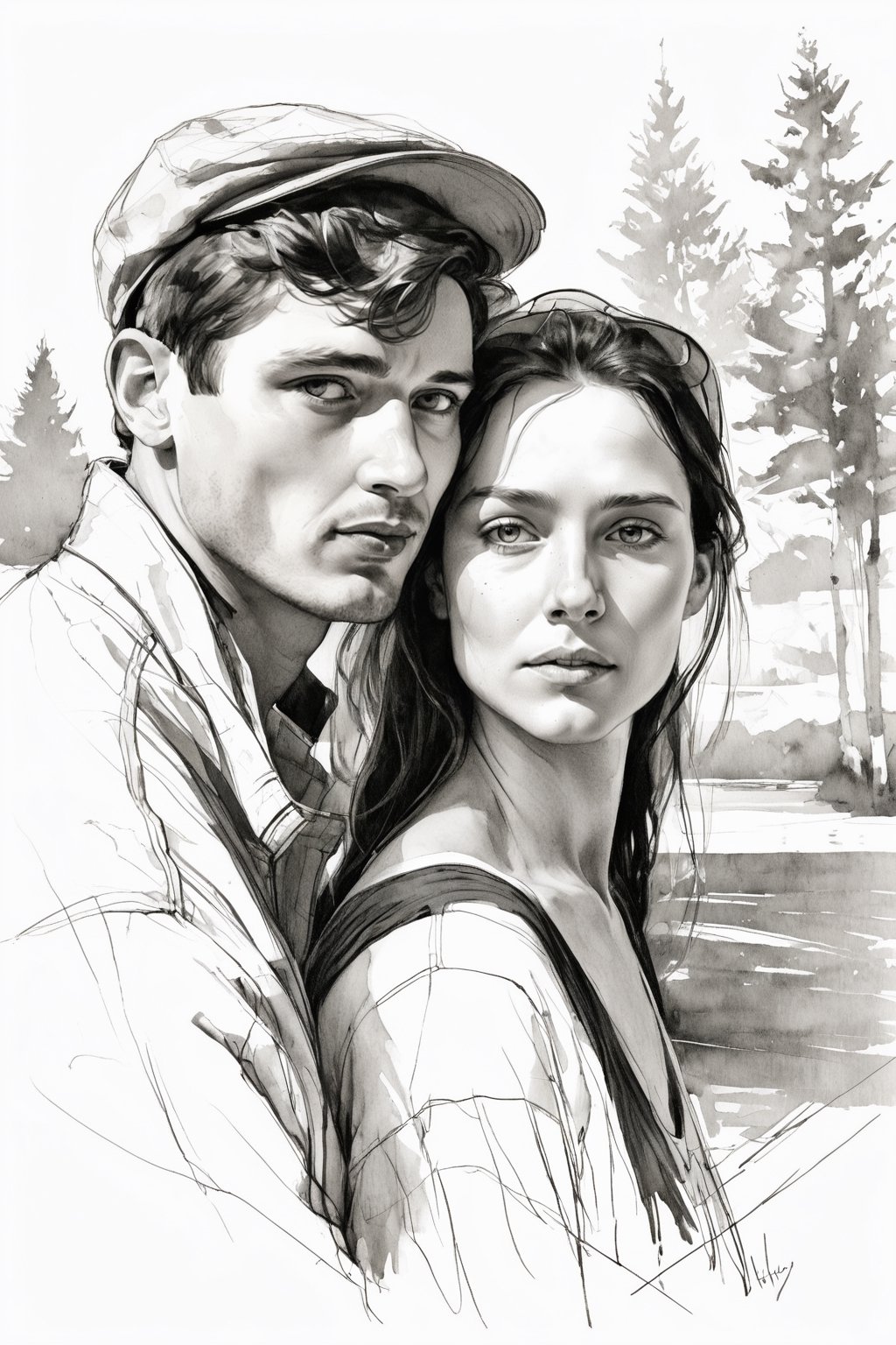 masterpiece, best quality, shadingaesthetic, 1woman and  1man and boy, sketch, lineart, portrait, Style by Nikolay Feshin