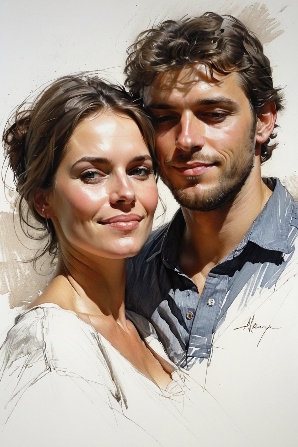 Masterpiece, best quality, dreamwave, aesthetic, portrait: 1 wife, 1 husband 26 years old and 1boy- chield 2 years old, open look, (looking into the eyes), smiling charmingly, short brown hair, sketch, lineart, pencil, white background, portrait by Alexanov, Style by Nikolay Feshin, artistic oil painting stick,charcoal \(medium\),