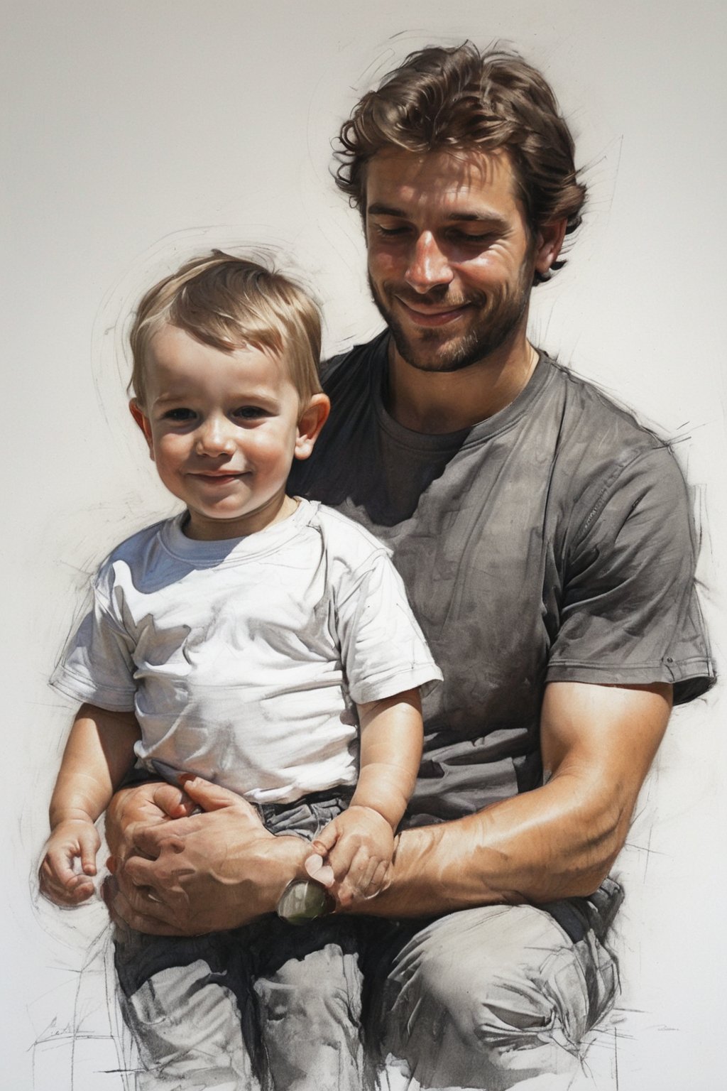 Masterpiece, best quality, dreamwave, aesthetic, portrait: 1 husband 29 years old and 1boy- chield 2 years old, open look, (looking into the eyes), t-shirt, smiling charmingly, short brown hair, sketch, lineart, pencil, white background, portrait by Alexanov, Style by Nikolay Feshin, artistic oil painting stick,charcoal \(medium\),