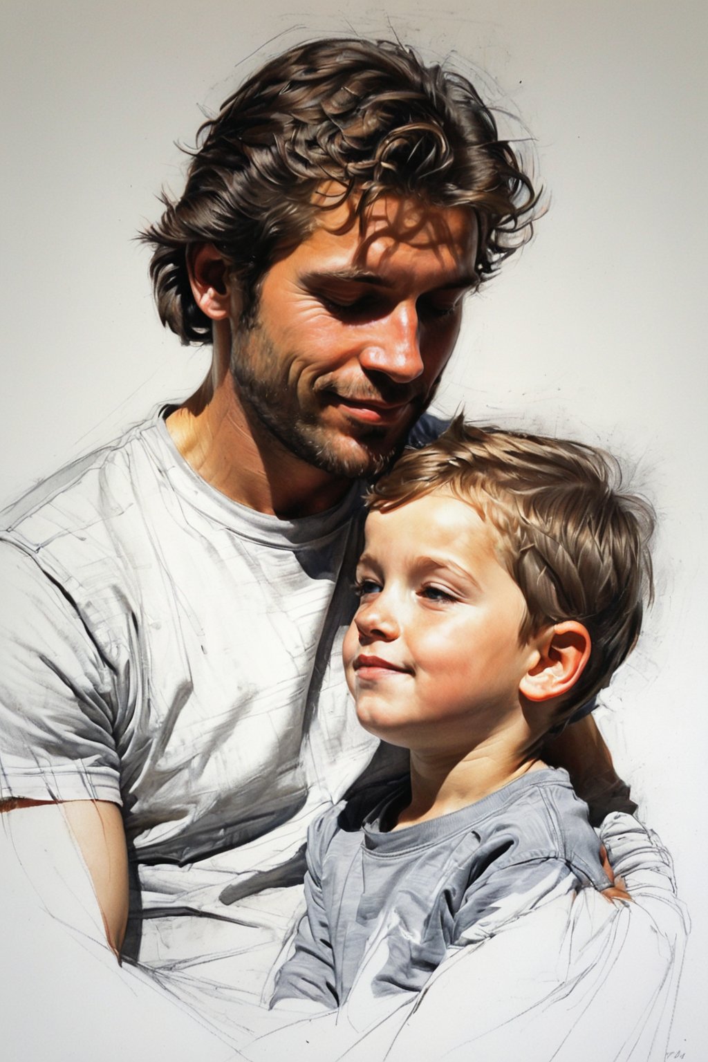 Masterpiece, best quality, dreamwave, aesthetic, portrait: 1 husband 29 years old and 1boy- chield 2 years old, open look, (looking into the eyes), t-shirt, smiling charmingly, short brown hair, sketch, lineart, pencil, white background, portrait by Alexanov, Style by Nikolay Feshin, artistic oil painting stick,charcoal \(medium\),