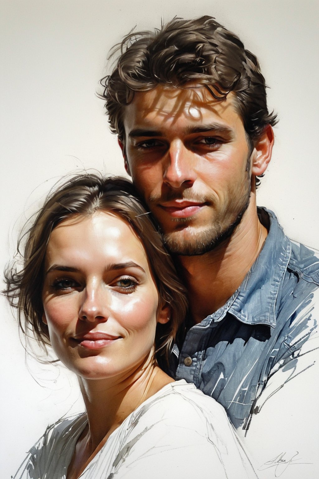 Masterpiece, best quality, dreamwave, aesthetic, portrait: 1 wife, 1 husband 26 years old and 1boy- chield 2 years old, open look, (looking into the eyes), smiling charmingly, short brown hair, sketch, lineart, pencil, white background, portrait by Alexanov, Style by Nikolay Feshin, artistic oil painting stick,charcoal \(medium\),