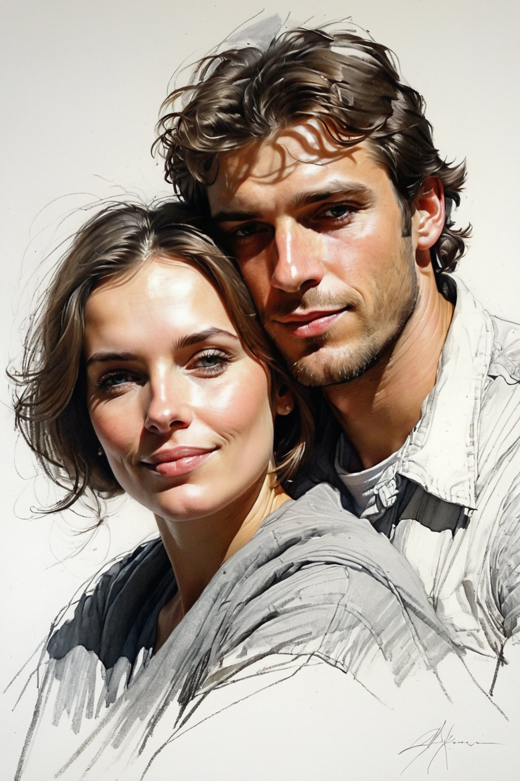 Masterpiece, best quality, dreamwave, aesthetic, portrait: 1 wife, 1 husband 26 years old and 1boy- chield 2 years old, open look, (looking into the eyes), smiling charmingly, short brown hair, sketch, lineart, pencil, white background, portrait by Alexanov, Style by Nikolay Feshin, artistic oil painting stick,charcoal \(medium\),