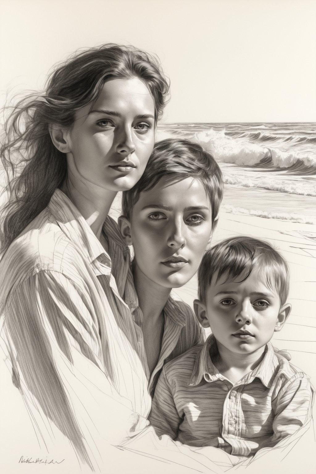 masterpiece, best quality, hyper-sharp, dream wave, unfinished drawing, shadow aesthetics, in a portrait: 1wife and 1husband and their 1child, eyes looking at the viewer, sketch, line drawing, pencil shading, stroke, Style Nikolai Feshin