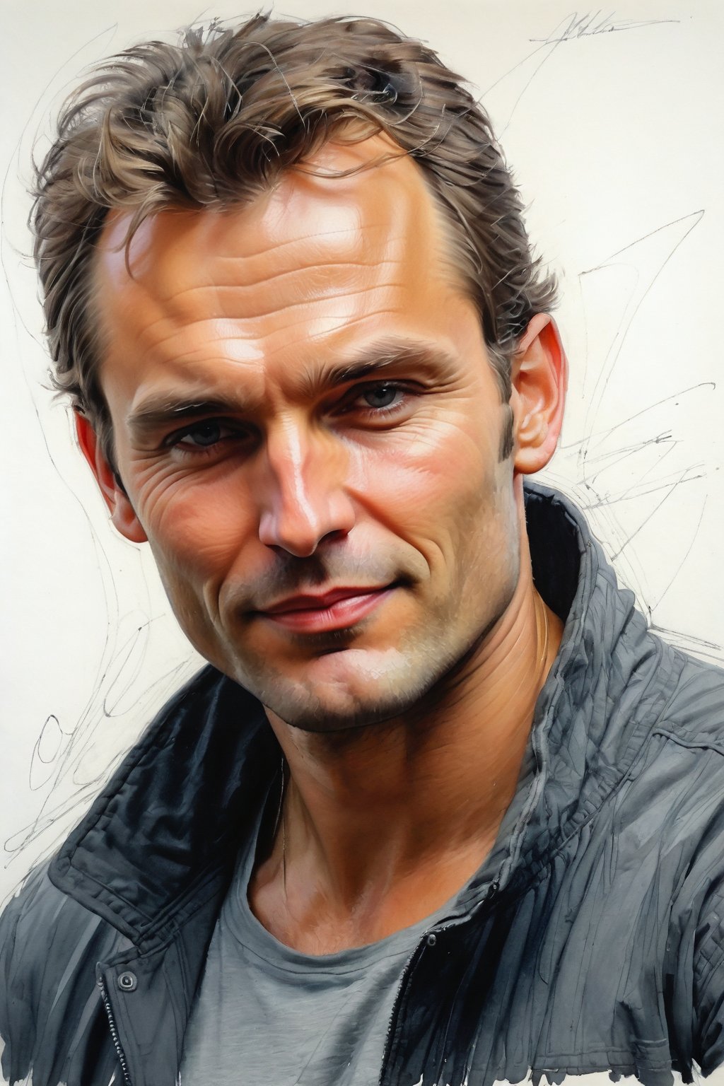 Masterpiece, best quality, dreamwave, aesthetic, 1 man, russian actor Alexandr Petrov, open look (looks into the eyes), charmingly sexy smile, free sheet field, sketch, ruler, pencil, white background, portrait of Nikolai Aleksanov, Nikolai Feshin style, oil painting, charcoal \ (medium \),