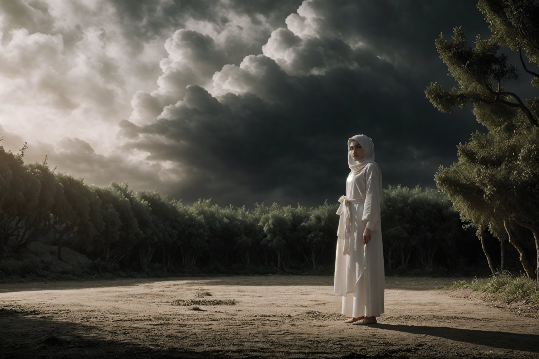 Abandoned city in a beautiful garden, candles, rain, water pound, wide shot , a portrait image full body shot of girl, full shot, row photo, with gracefully under blurry background soft golden sunlight. long hair, wearing abaya, slim waist, demand melancholic beautiful face (white hair), long hair, wearing hijab, morning sky,jyutaku,FFIXBG,salttech