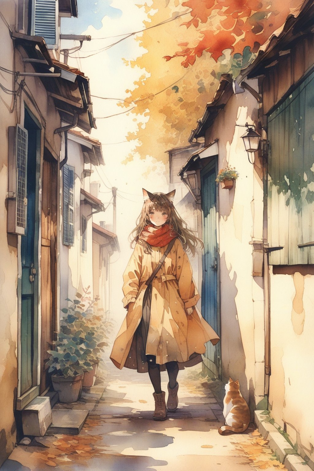 1girl, solo, photographic realism, plains, Changing Season, Alley, Cat, door, AUTUMN, watercolor \(medium\),
masterpiece, best quality, aesthetic,