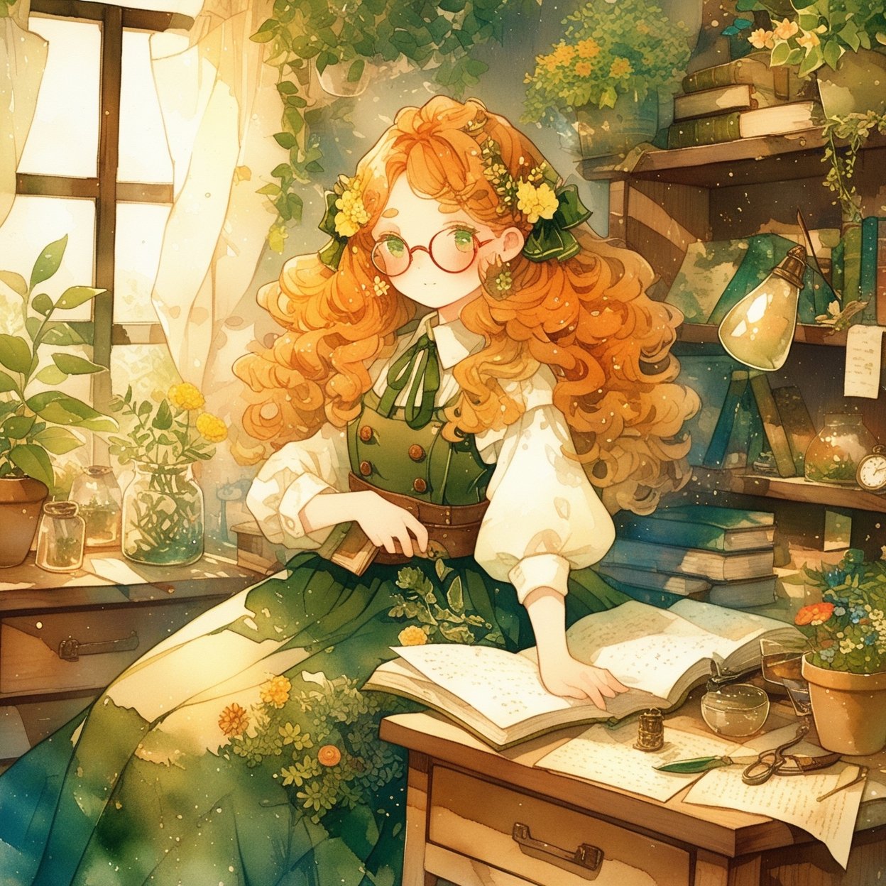 1girl, window, solo, plant, book, green eyes, indoors, curtains, long hair, paper, glasses, long sleeves, hair ornament, potted plant, green ribbon, flower, blush, ribbon, book stack, orange hair, shirt, looking at viewer, sitting, neck ribbon, dress, shelf, curly hair, white shirt, bookshelf, holding, jar, open book, jewelry, closed mouth, earrings, round eyewear, leaf, bangs, hair flower, note, pen, sunlight, light particles, red-framed eyewear, wavy hair, desk, collared shirt, leaf hair ornament, bottle, day, drawer, green dress, brown-framed eyewear, vial, quill, upper body, vines, test tube, scissors, frown, mushroom, lamp, flower pot, headphones, freckles, belt, pinafore dress, inkwell, flask, ivy, table, holding book, apron, red hair, chair, orange flower, cup, cabinet, bow, green theme, bookmark, white flower, expressionless, puffy sleeves, bug, light frown, clock, dutch angle, buttons, cactus, transparent, box, yellow flower, open window, :|, swept bangs, windowsill, thick eyebrows ,
masterpiece, best quality, aesthetic, ,watercolor \(medium\)