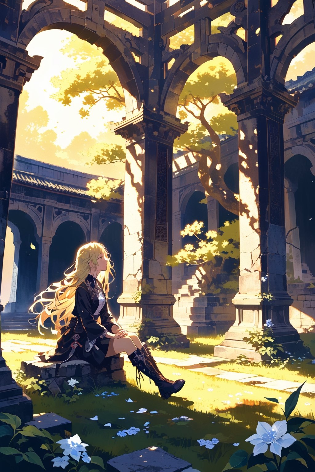 Magic realism, Cannibalcore,
1girl, solo, scenery, background, masterpiece, best quality, aesthetic, acrylic paint \(medium\),
light rays, day, shadow, dappled sunlight,
ruins, , blonde hair, boots, cloud, east asian architecture, flower, grass, long hair, outdoors, petals, plant, profile, sitting, sunlight, tree