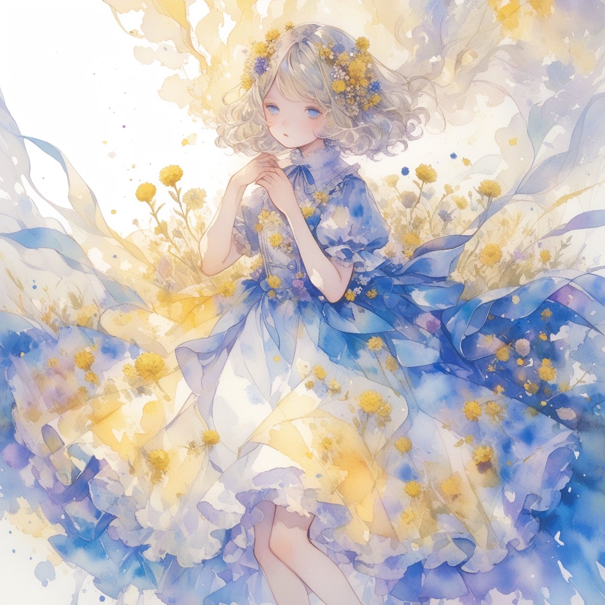 1girl, solo, barefoot, dress, flower, painting \(medium\), full body, blue eyes, short sleeves, blonde hair, open mouth, looking at viewer, hair flower, hair ornament, blush, medium hair, bangs, :o, long hair, blue dress, frills, puffy sleeves, white dress, frilled dress, white hair, holding, puffy short sleeves, short hair, standing, hand up, abstract, yellow flower, parted lips, lying, white background, swept bangs, wavy hair  ,
masterpiece, best quality, aesthetic, ,watercolor \(medium\)