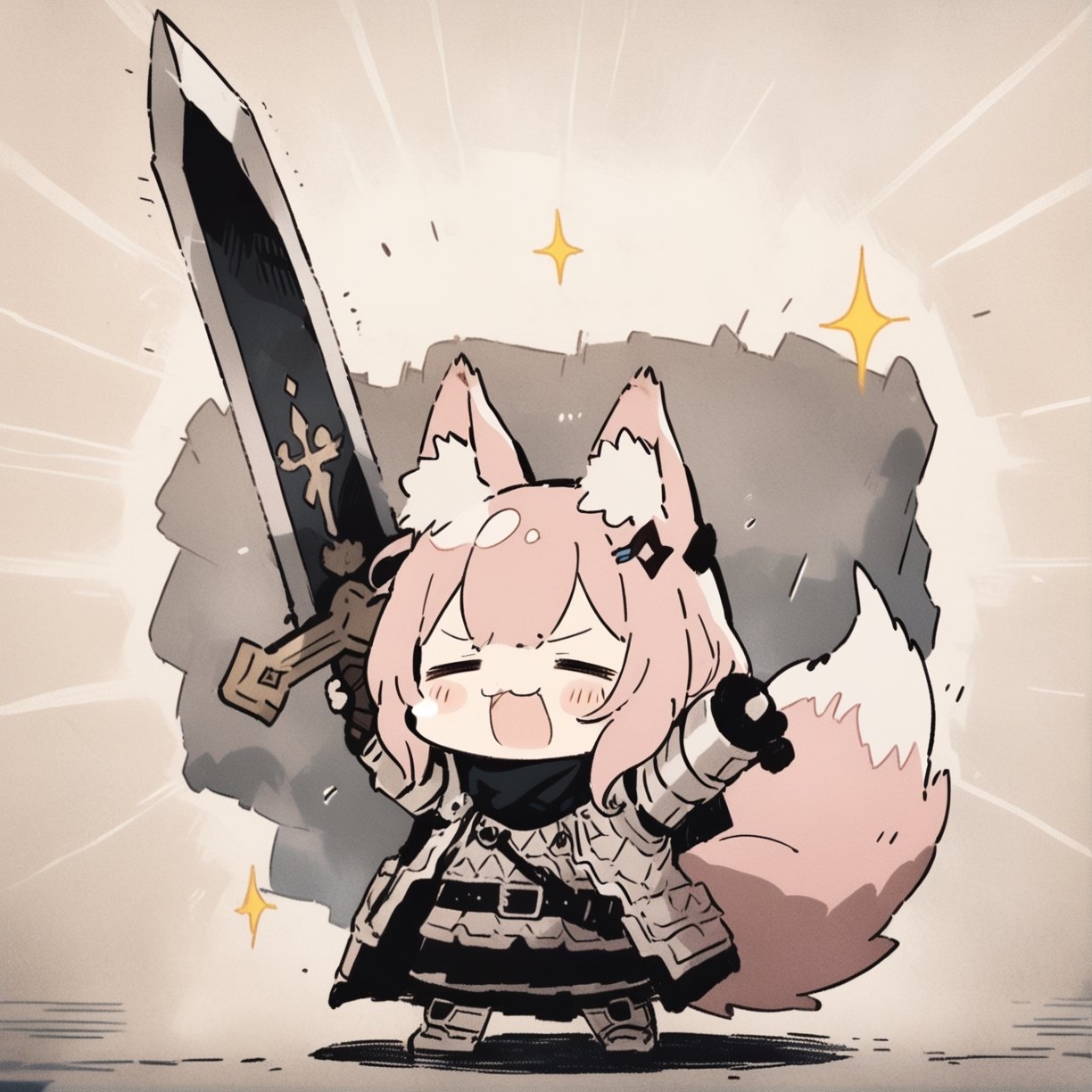 cute knight, 1girl, weapon, sword, :3, holding sword, closed eyes, jacket armor, animal ear fluff, tail, =_=, facing viewer, closed mouth, belt, fox ears,  howl, arms up, emphasis lines, sparkle, chibi, 
masterpiece, best quality, aesthetic