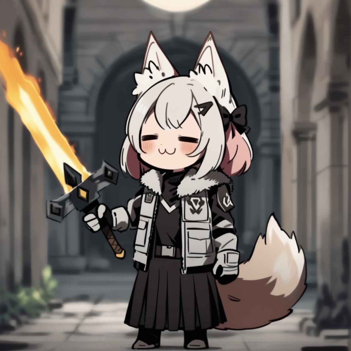 cute knight, 1girl, weapon, sword, :3, holding, animal ears, holding weapon, holding sword, closed eyes, open clothes, jacket, bow, gloves, hair bow, open jacket, blush, solo, flaming weapon, animal ear fluff, tail, multicolored hair, white gloves, pantyhose, long sleeves, shirt, =_=, white hair, skirt, facing viewer, closed mouth, belt, fox ears, masterpiece, best quality, aesthetic