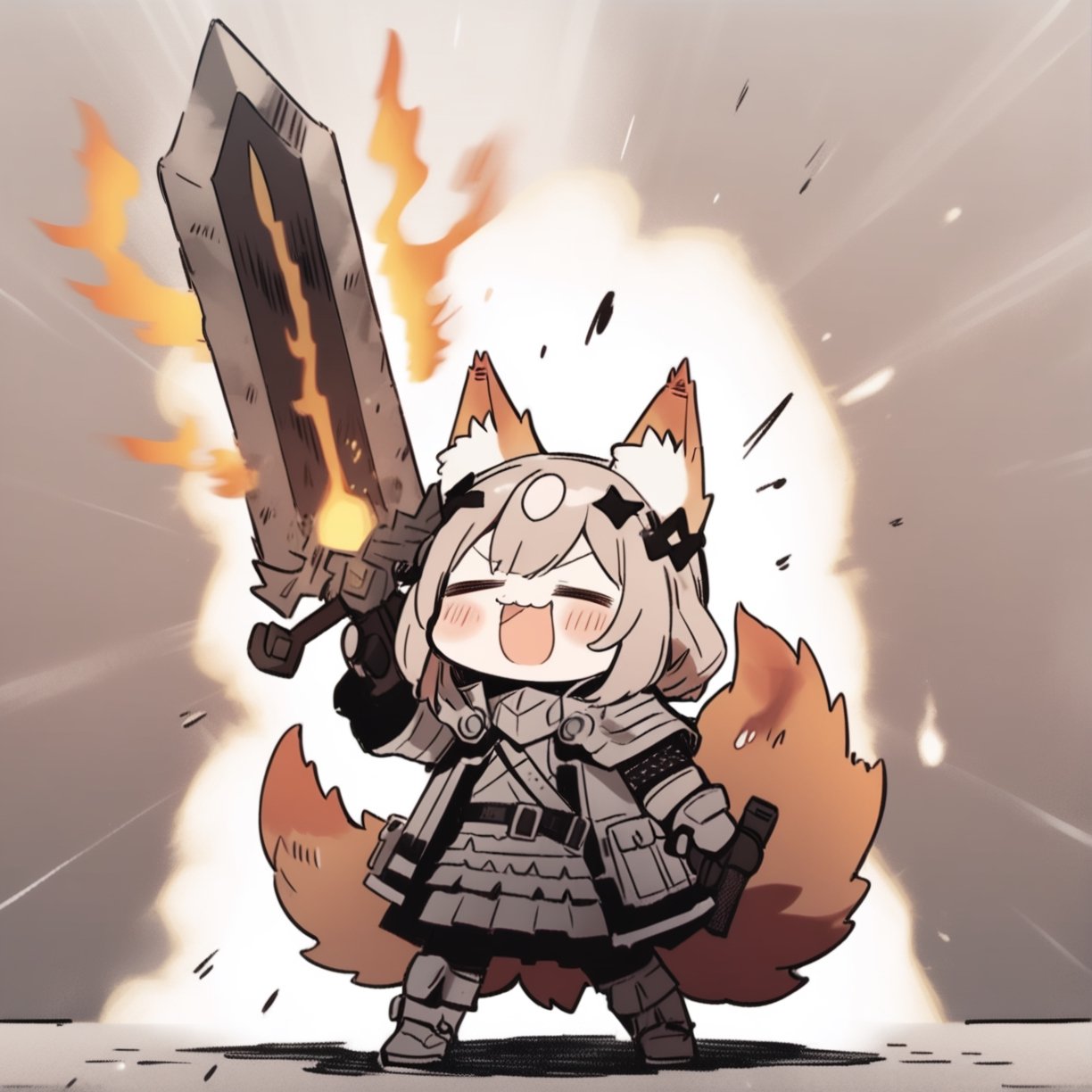 cute knight, 1girl, weapon, sword, :3, holding sword, closed eyes, open clothes, jacket armor, open jacket, solo, flaming weapon, animal ear fluff, tail, =_=, facing viewer, closed mouth, belt, fox ears,  howl, arms up, manga style effects, emphasis lines, 
masterpiece, best quality, aesthetic