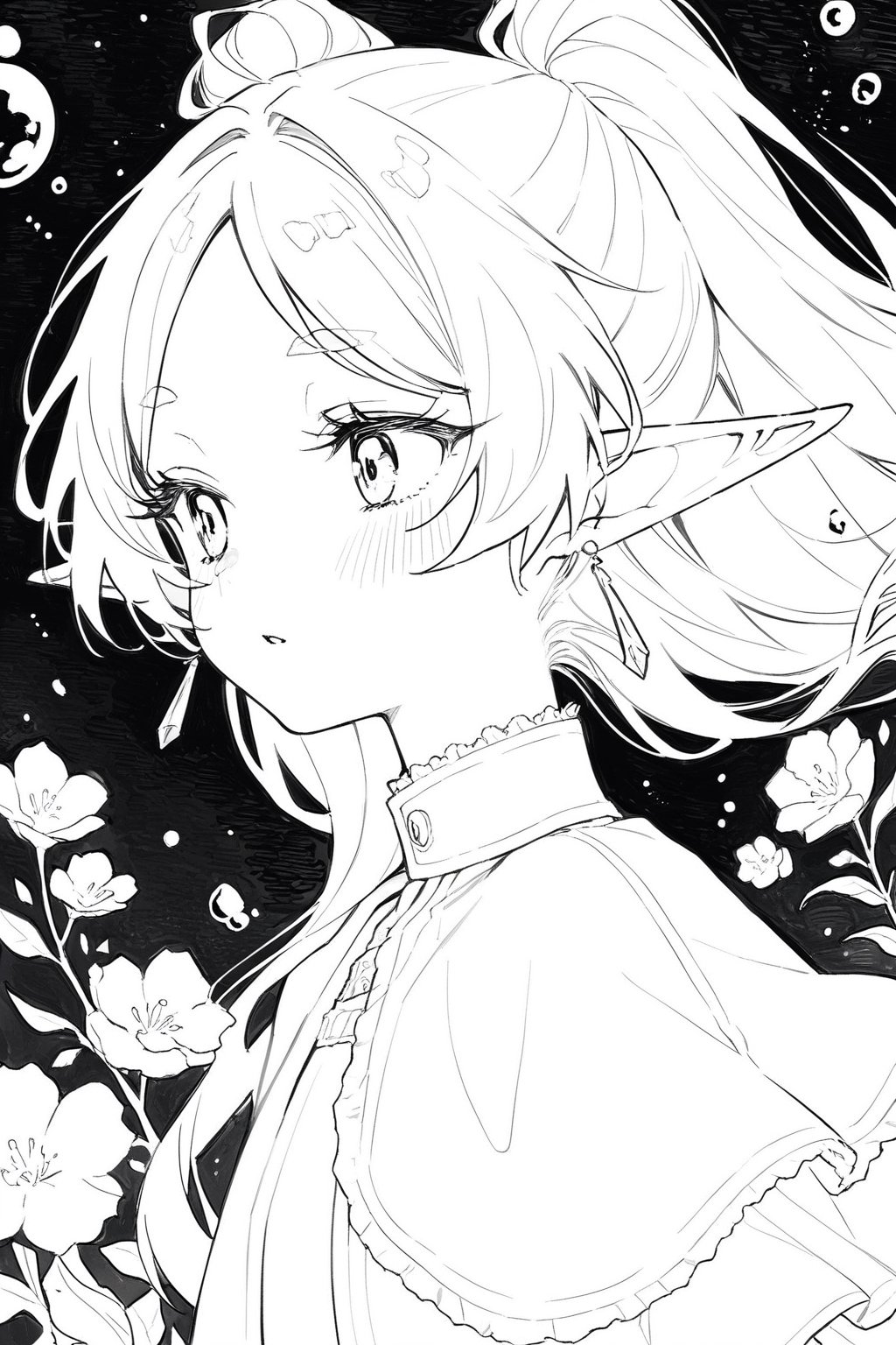 masterpiece, best quality, aesthetic, line_art, monochome,Frieren, elf, pointy ears, drop earrings