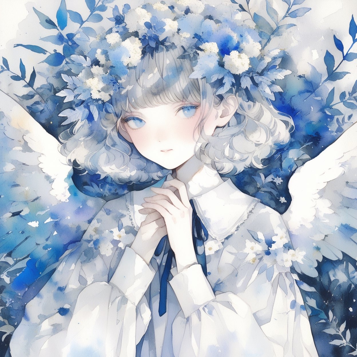 1girl, solo, wings, blue eyes, flower, dress, short hair, feathered wings, blush, looking at viewer, long sleeves, head wreath, bangs, own hands together, white background, leaf, white hair, collared dress, painting (medium), white flower, hair flower, upper body, angel wings, plant, simple background, white dress, puffy sleeves, hair ornament, blue dress, grey hair, pale color, blue wings, angel, puffy long sleeves, expressionless, frills, cowboy shot, blue theme, bob cut, closed mouth, hands up, blue flower, blunt bangs, halo, parted lips  ,
masterpiece, best quality, aesthetic, ,watercolor \(medium\)