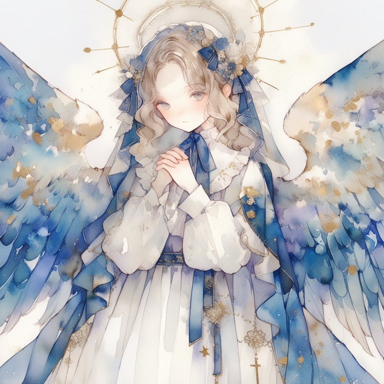 1girl, solo, wings, own hands together, white background, looking at viewer, dress, long sleeves, blonde hair, blue eyes, own hands clasped, simple background, long hair, closed mouth, white dress, expressionless, feathered wings, halo, praying, upper body, ribbon, angel, puffy sleeves, grey eyes, wavy hair, cross, cowboy shot, puffy long sleeves, cape, bangs, veil, angel wings, star (symbol), hands up, parted bangs, multiple wings, medium hair, crown, blue ribbon, blue wings, headdress, interlocked fingers, brown hair, blue cape, frills, standing, forehead, white wings,
masterpiece, best quality, aesthetic, ,watercolor \(medium\)