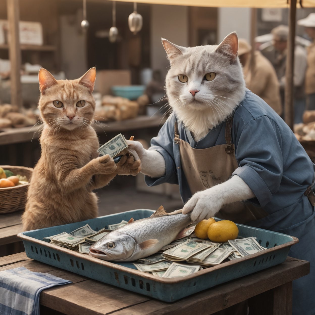 image of a hand offering money to a fishmonger cat, holding fish, ultra detailed, at the market, 