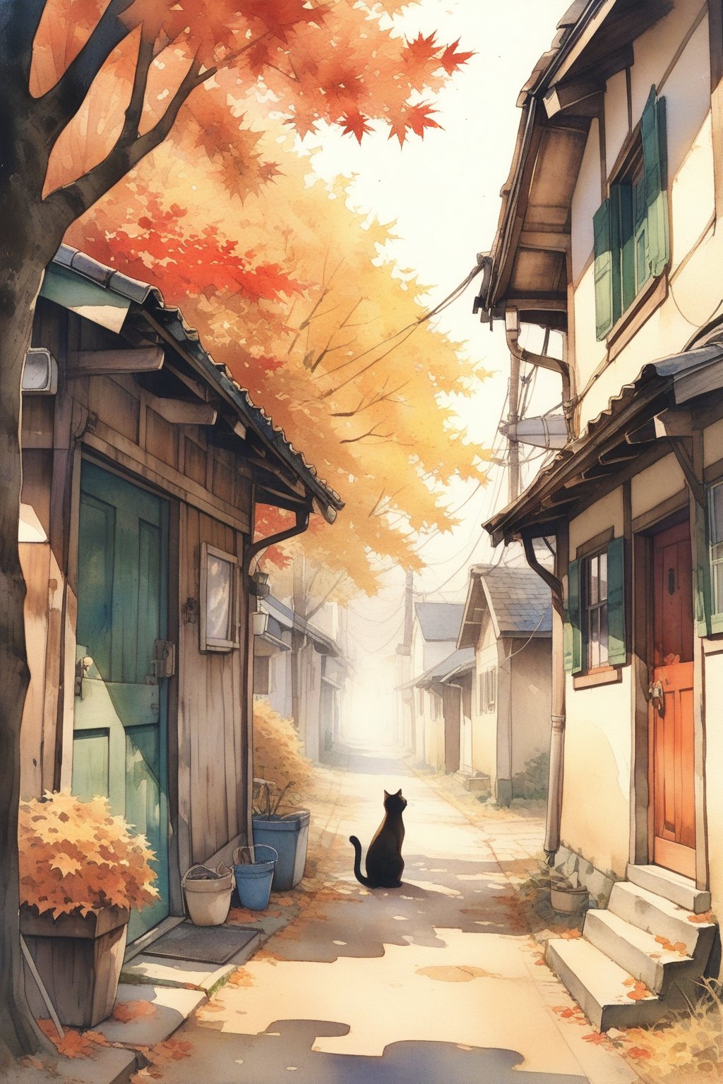 1girl, solo, photographic realism, plains, Changing Season, Alley, Cat, door, AUTUMN, maple tree, maple leaf, watercolor \(medium\),
masterpiece, best quality, aesthetic,